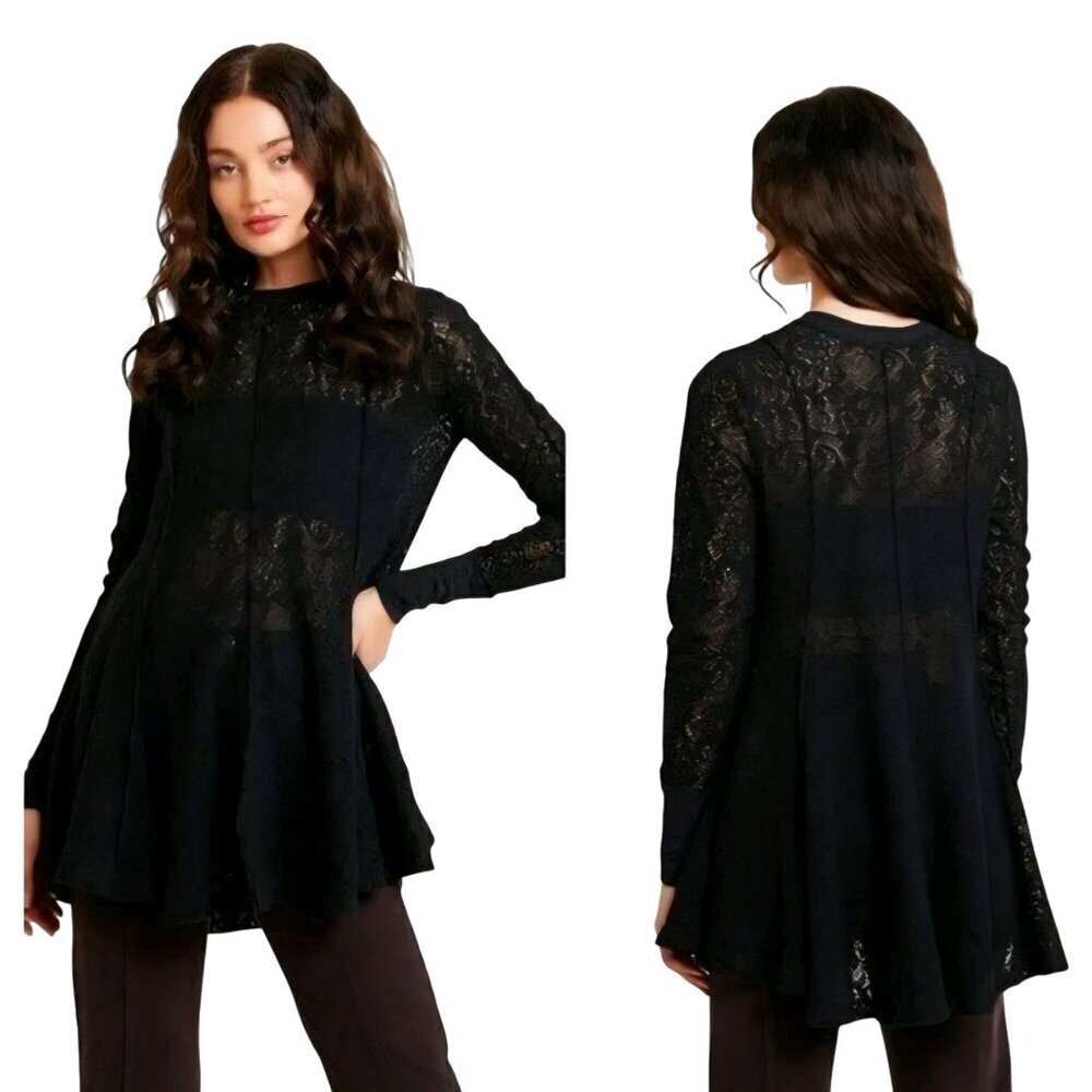 Free People Coffee In The morning Tunic Sweater Open Crochet Knit Black Size M